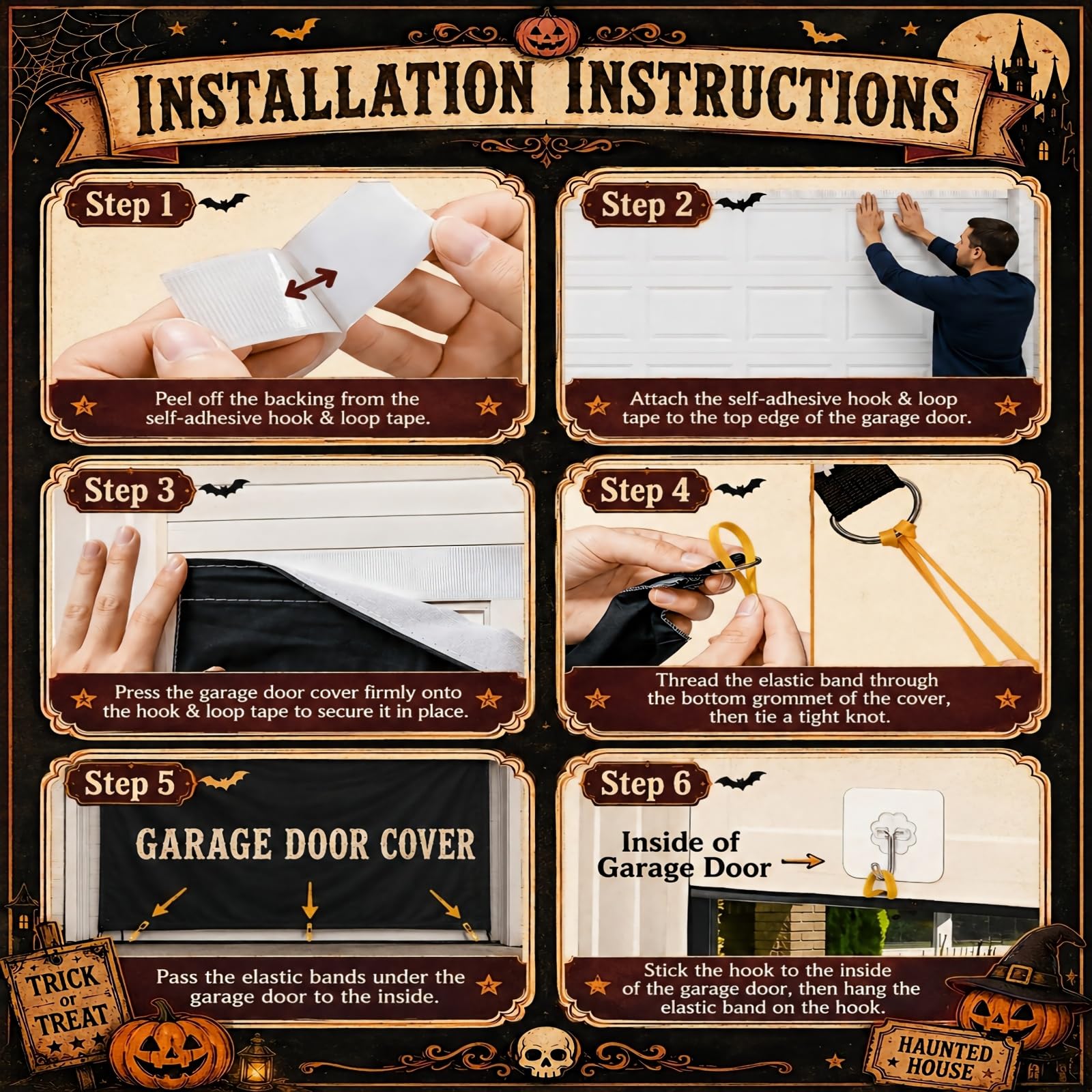 Anrtrog Halloween garage cover in a decorated yard
