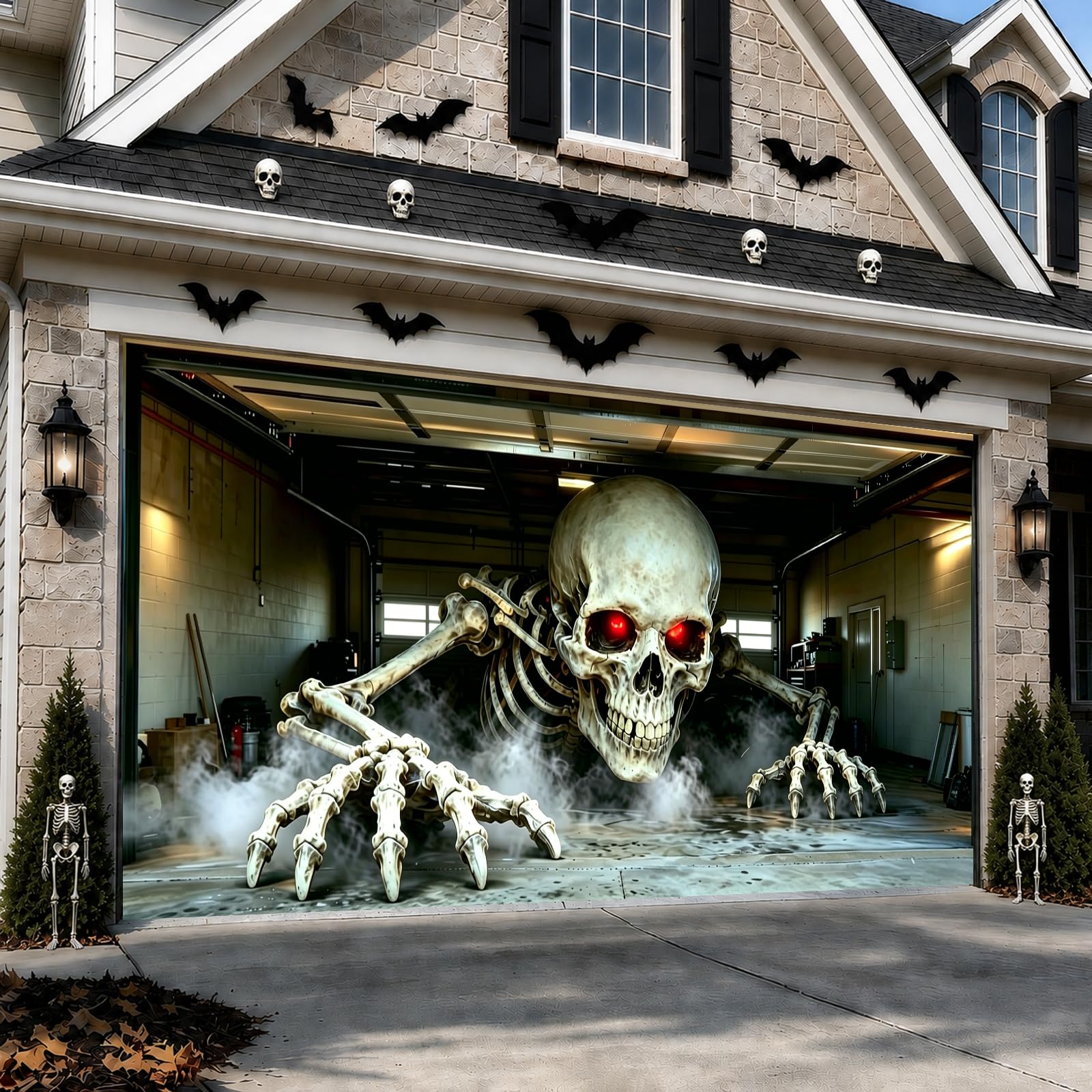 Anrtrog Halloween Garage Door Cover 16x7 FT with 3D Skeleton Effect