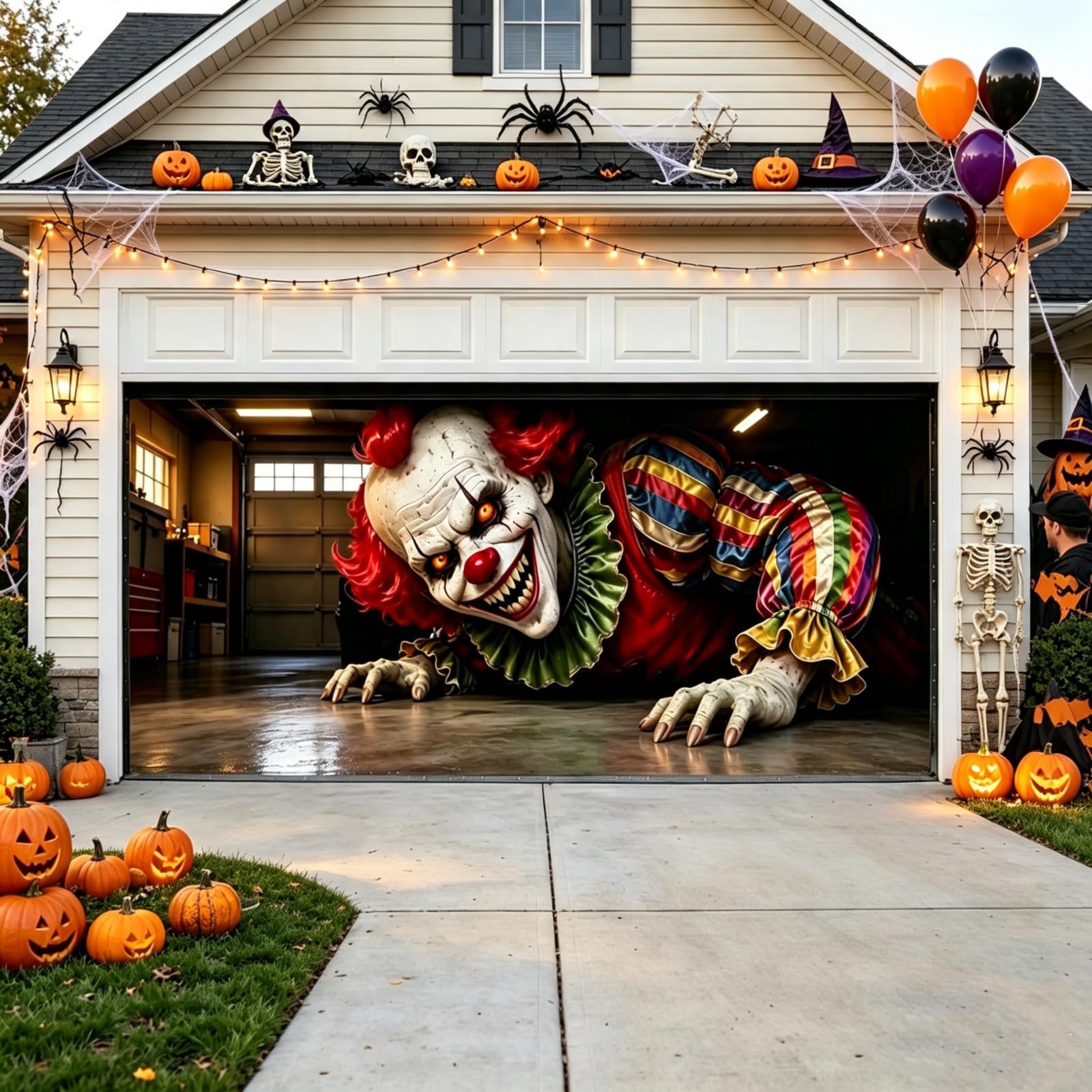 Anrtrog Halloween Garage Door Cover 16x7 FT with clown design