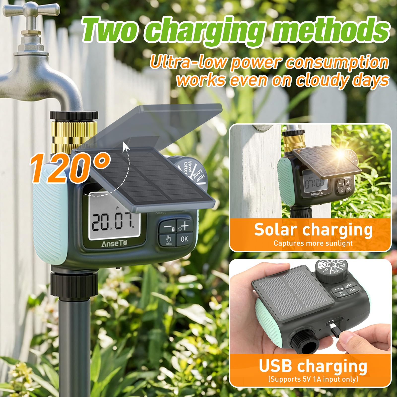 AnseTo Sprinkler Timer in garden setting with hose attached