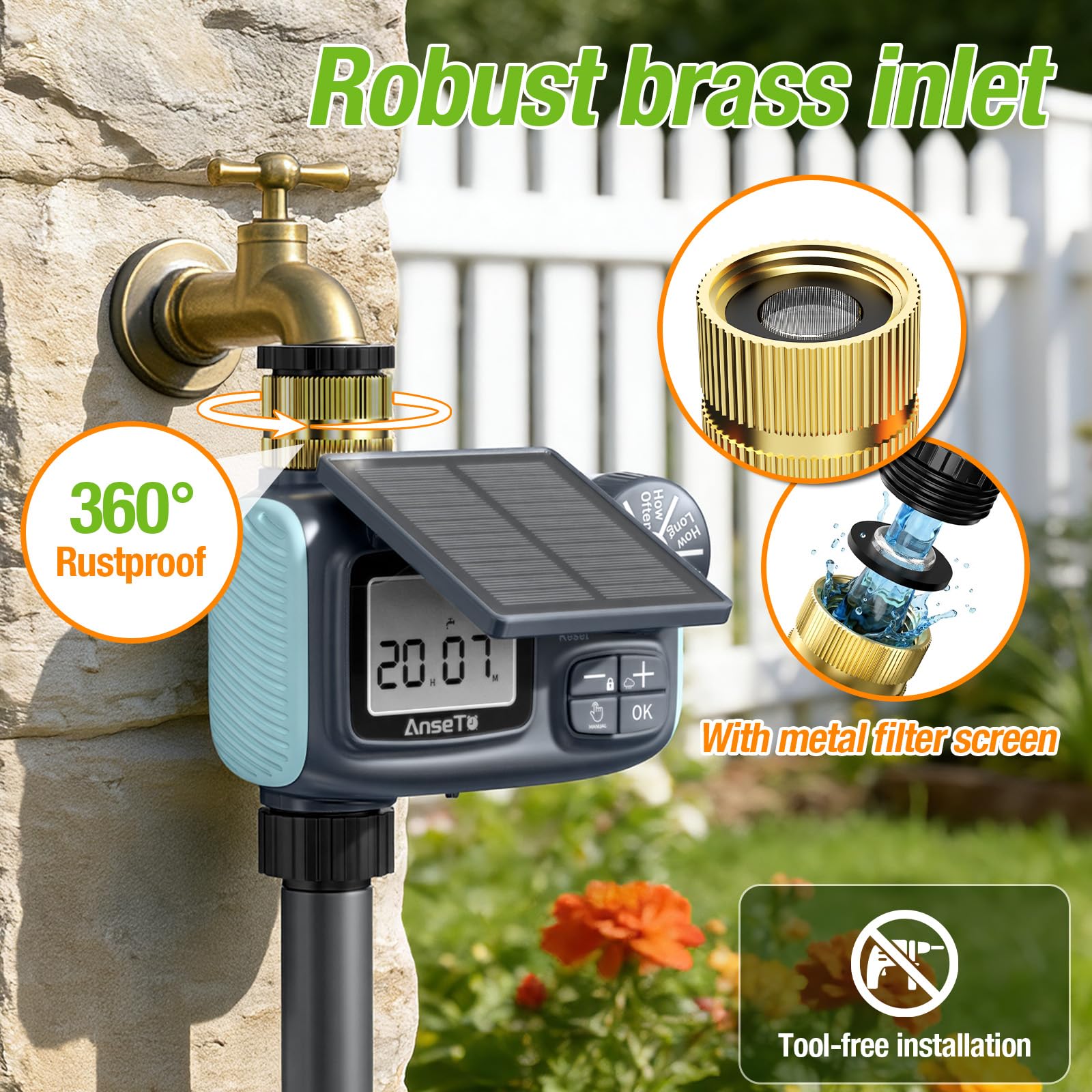 AnseTo Sprinkler Timer mounted on standard garden faucet