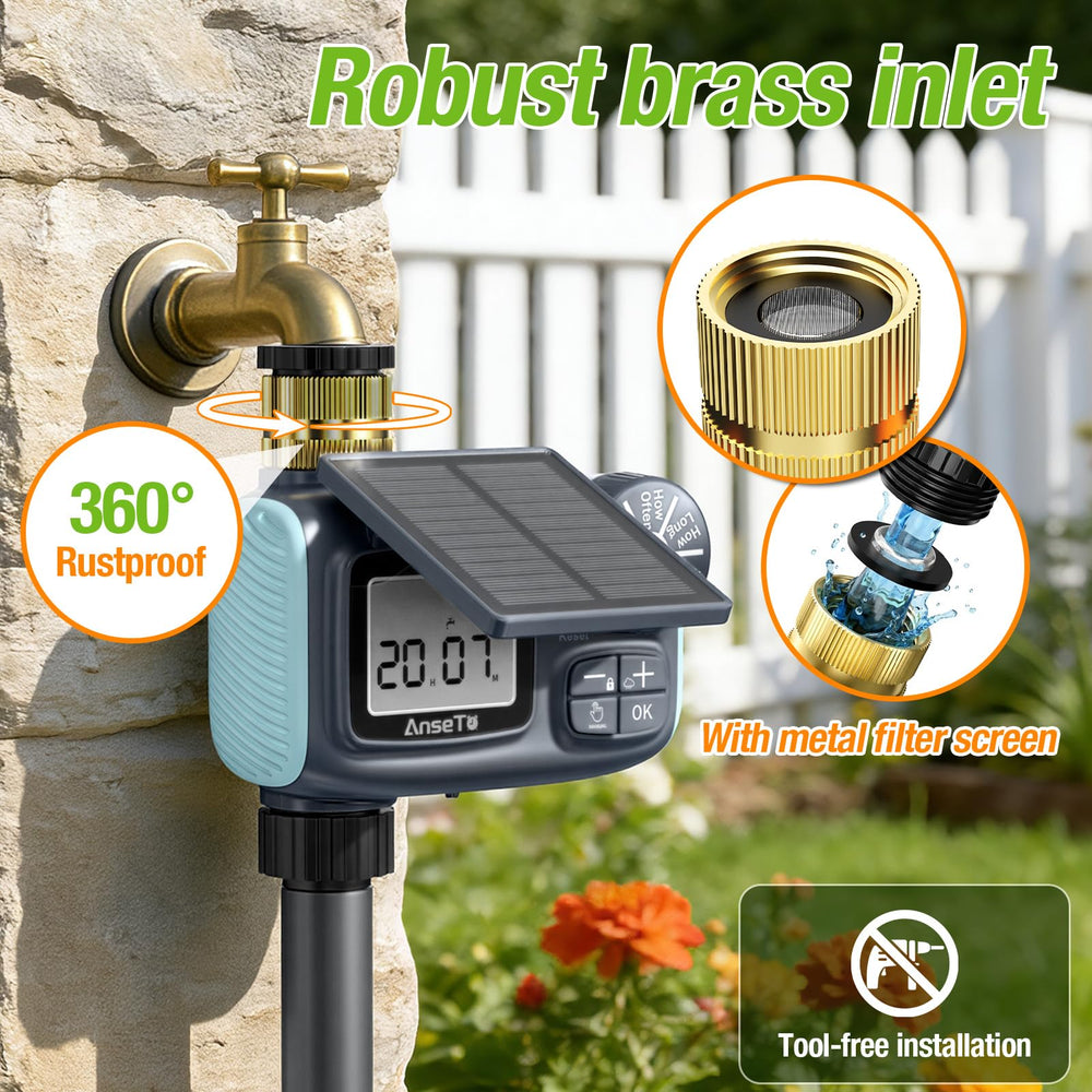 AnseTo Sprinkler Timer mounted on standard garden faucet