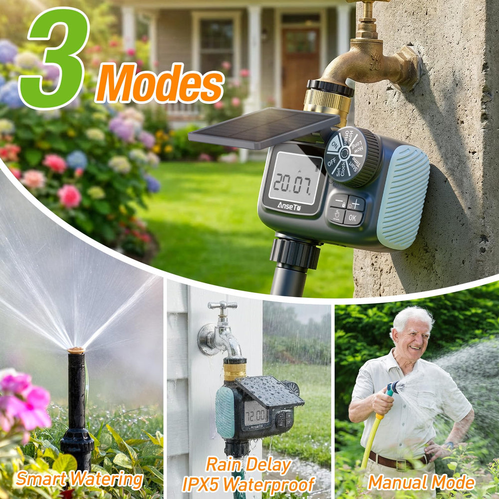 AnseTo Sprinkler Timer showing adjustable solar panel angle