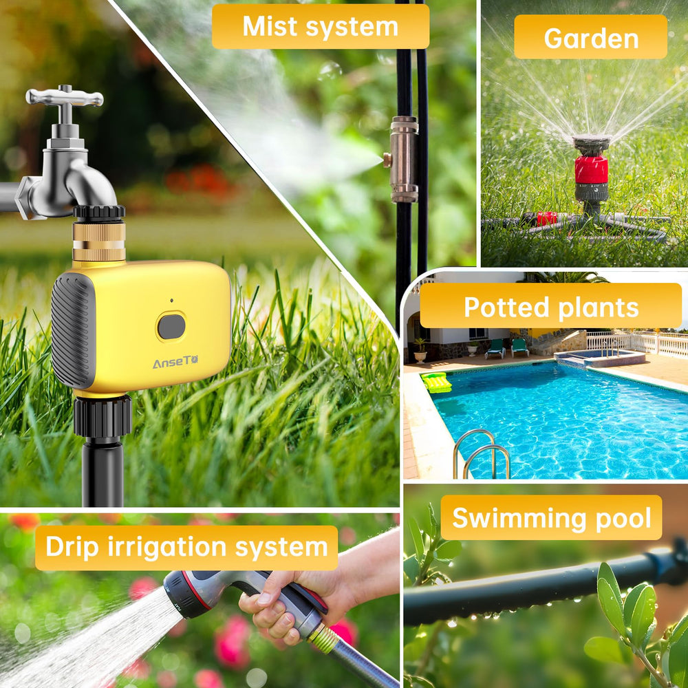 AnseTo WiFi Sprinkler Water Timer displayed with garden tools