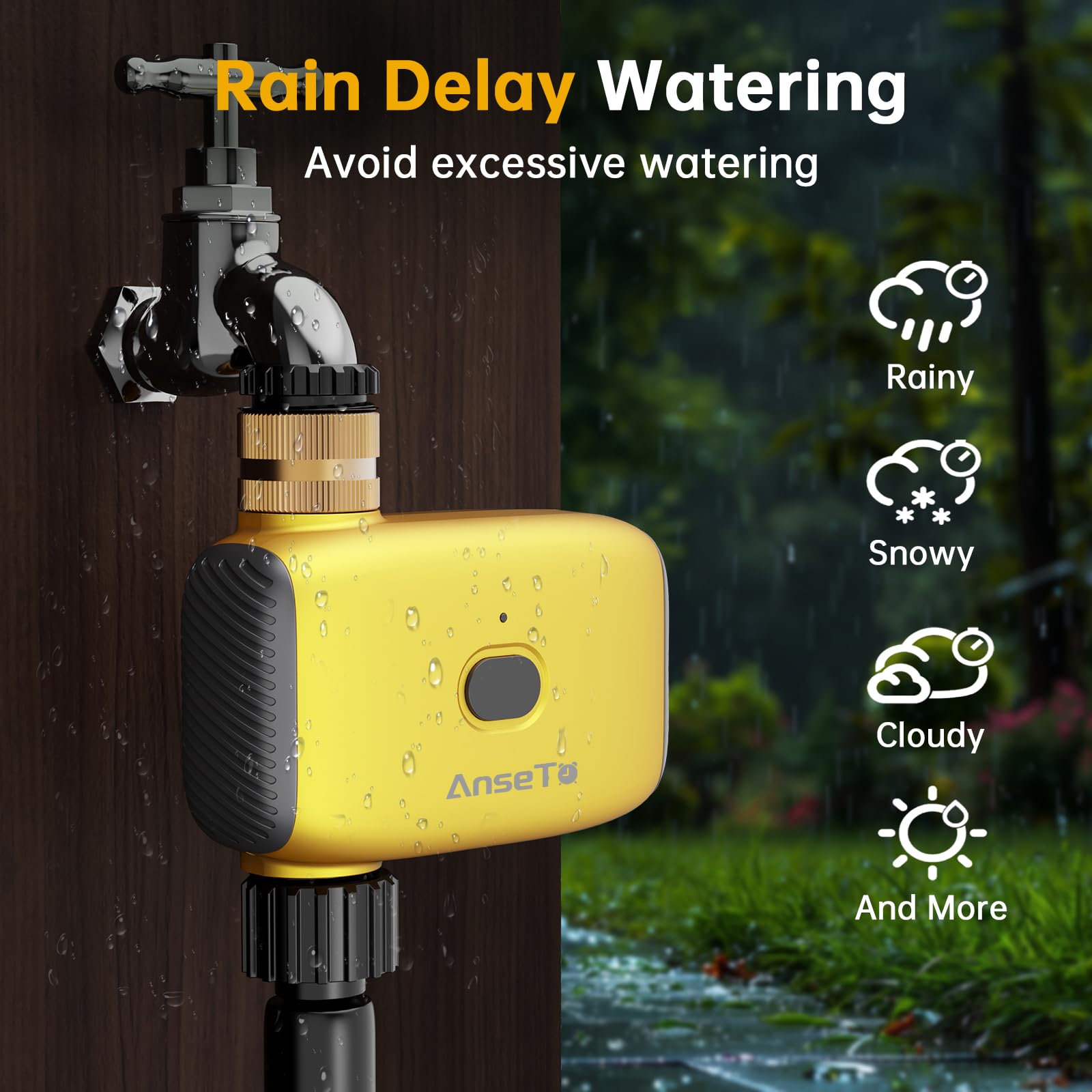 AnseTo WiFi Sprinkler Water Timer features highlighted on packaging