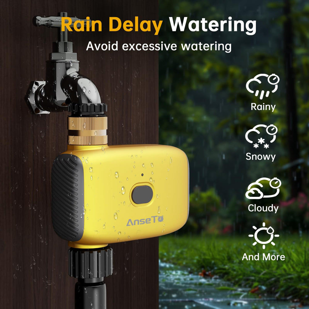 AnseTo WiFi Sprinkler Water Timer features highlighted on packaging