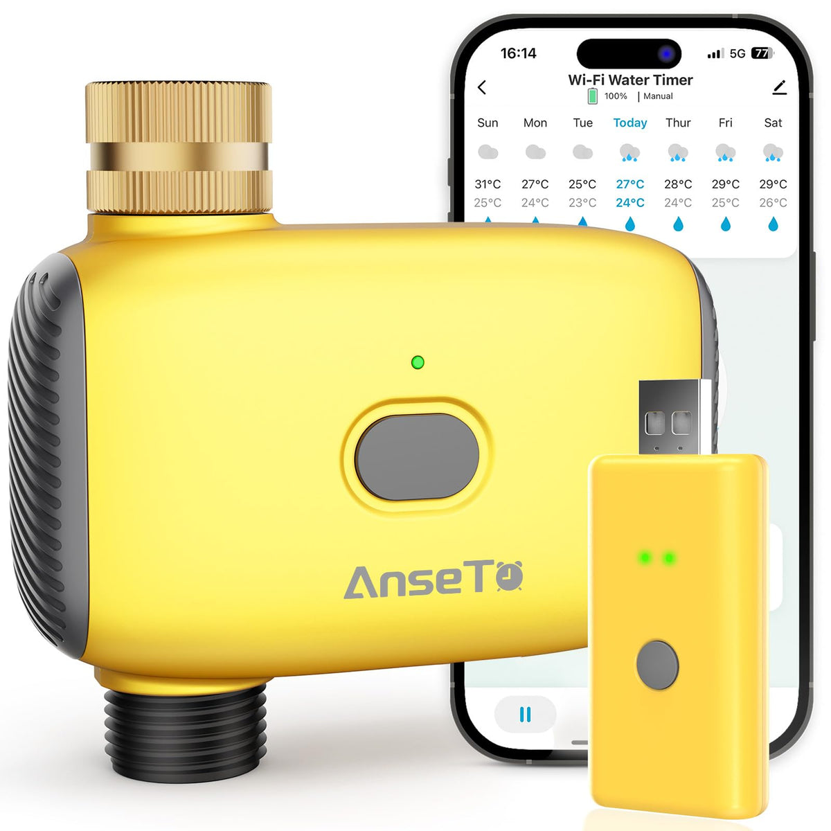 AnseTo WiFi Sprinkler Water Timer front view with brass inlet