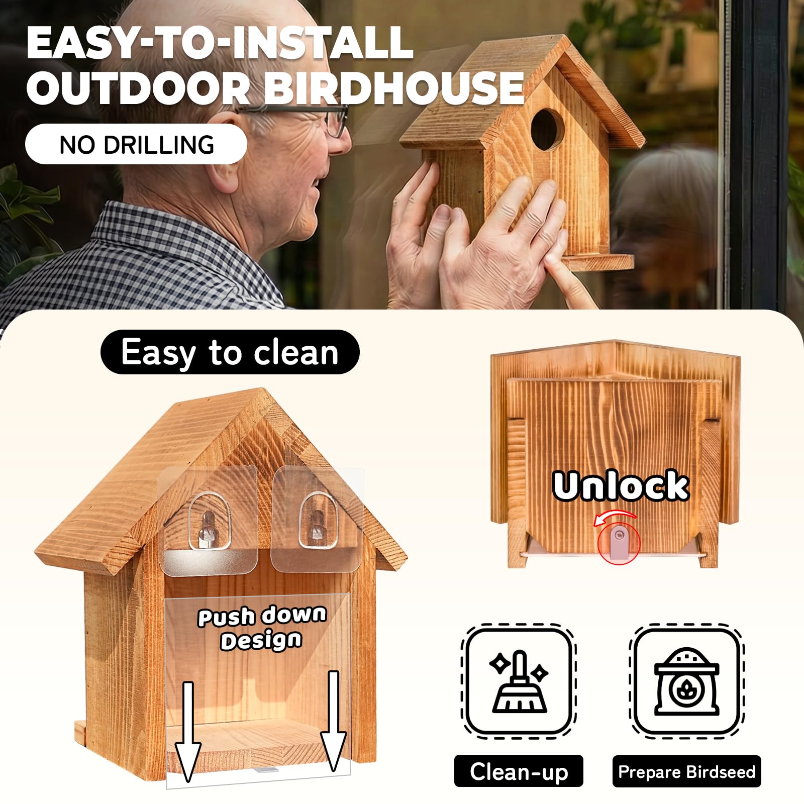 ANSTEEP Window Bluebird House mounted on window with birds nearby