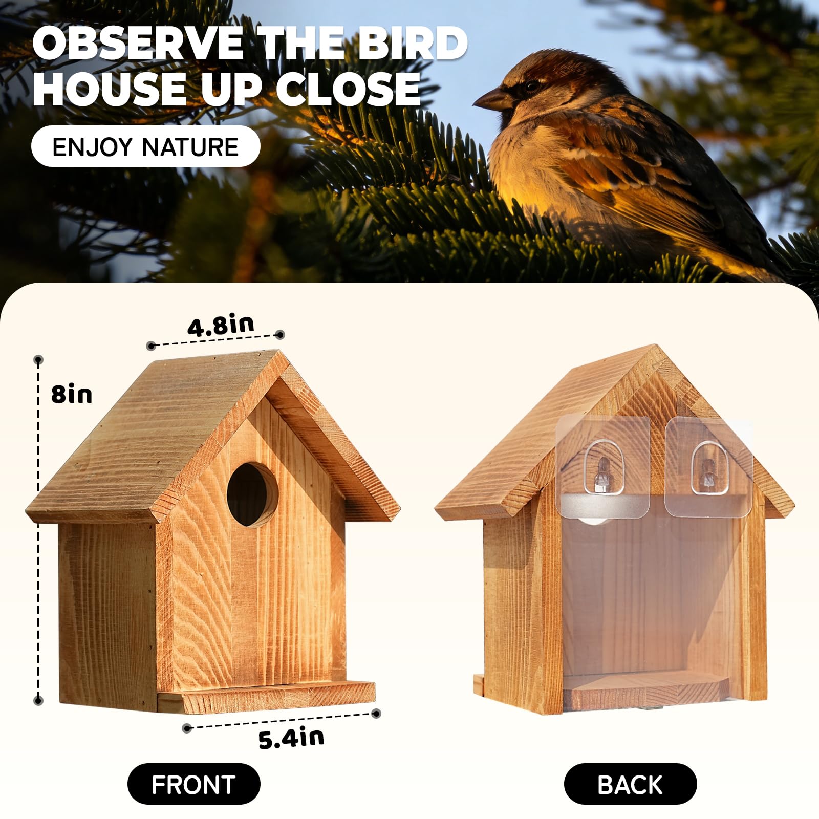 ANSTEEP Window Bluebird House side view showing wooden craftsmanship