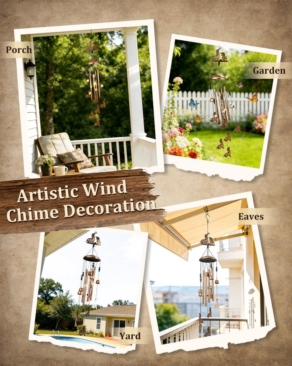 Antique bronze finish of SUNCKET wind chimes, side view