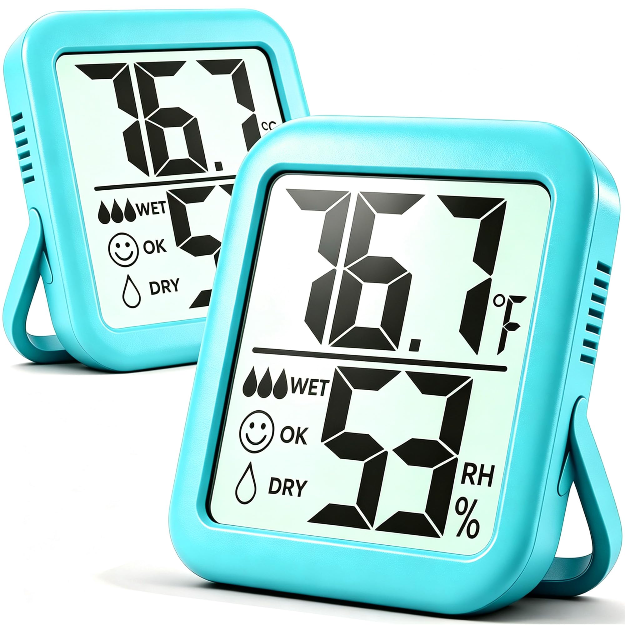 Antonki 2 Pack Room Thermometer Hygrometer front view in clear blue