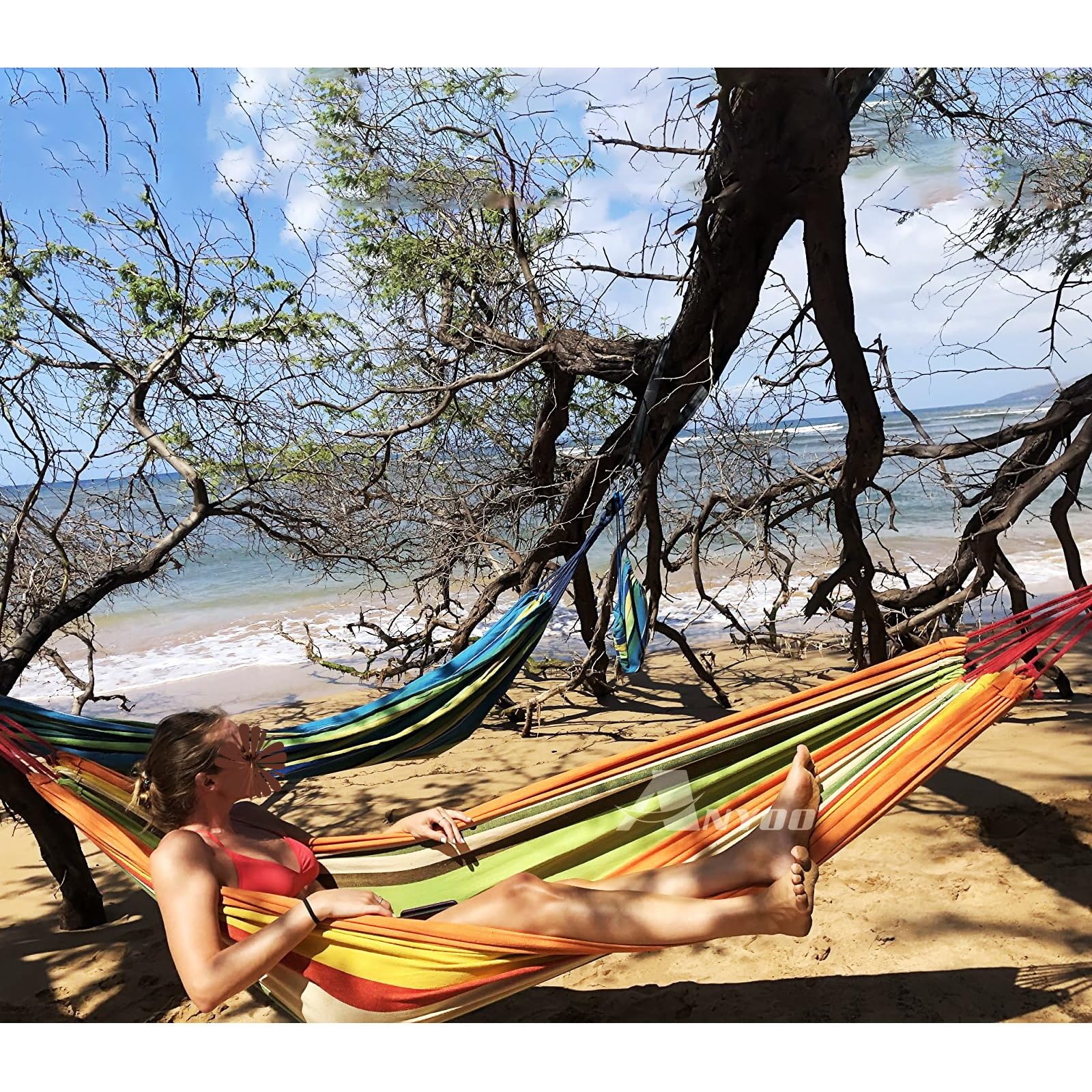 ANYOO Cotton Camping Hammock in use at a campsite