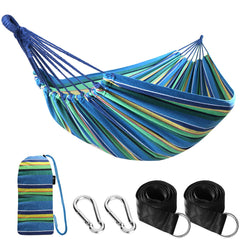 ANYOO Portable Cotton Camping Hammock in blue and yellow stripes, front view