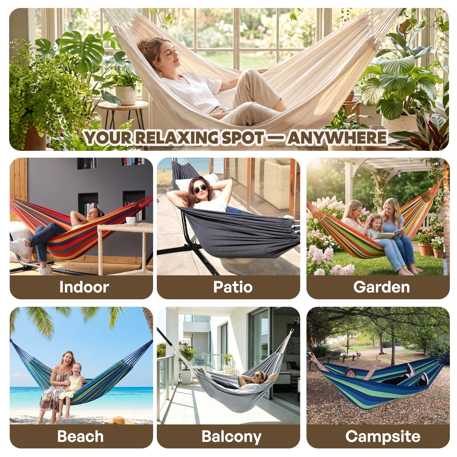 ANYOO Portable Cotton Camping Hammock with reinforced stitching
