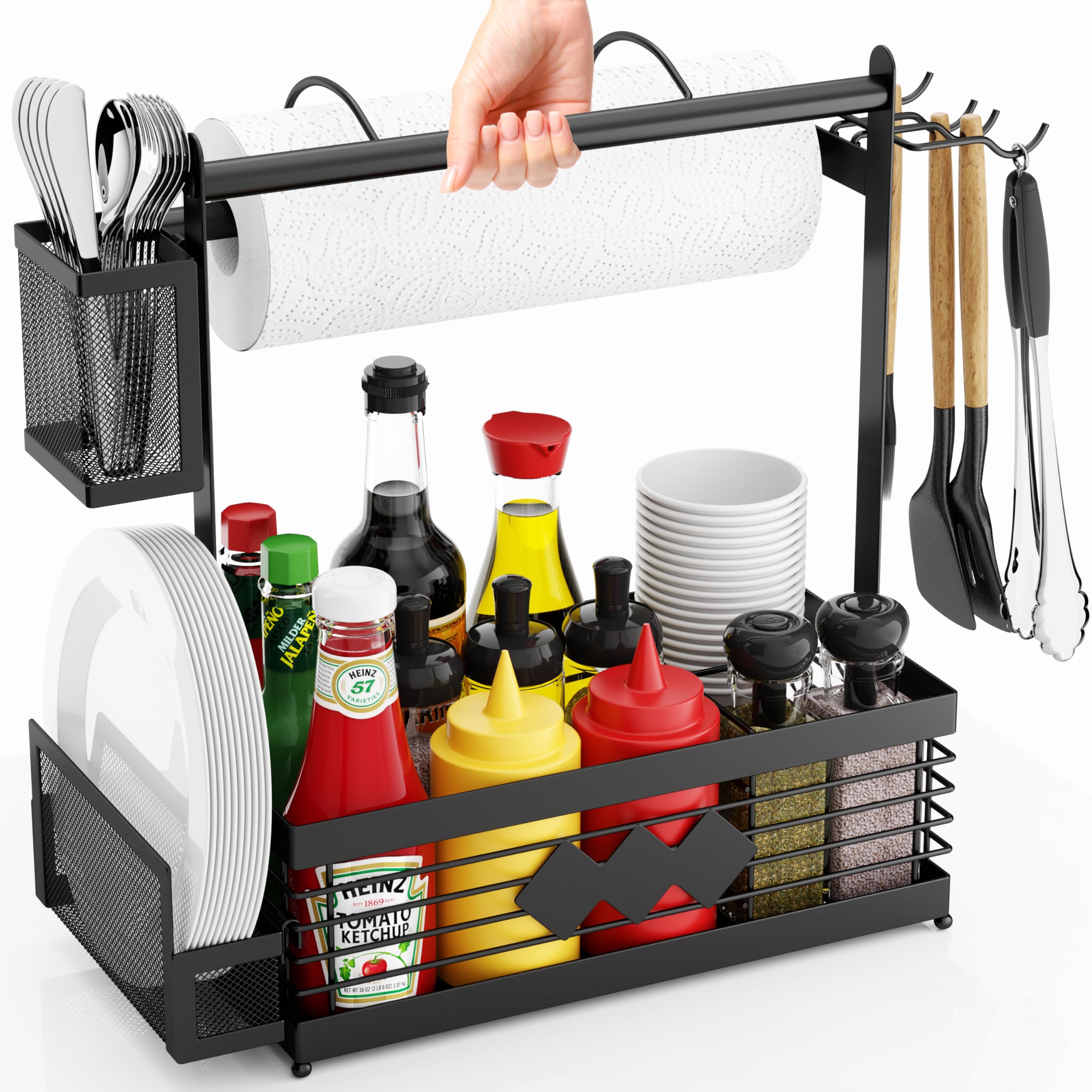 Aofmee Grill Caddy black model front view with wind-resistant paper towel holder
