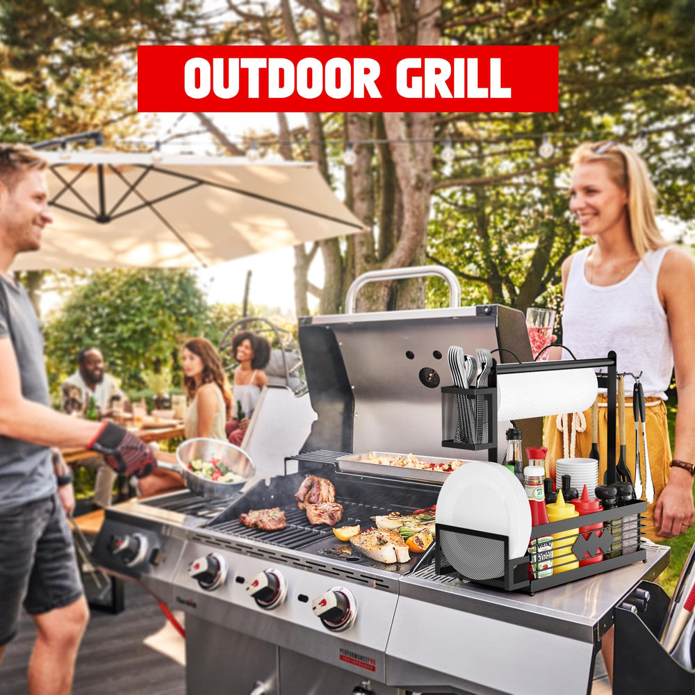 Aofmee Grill Caddy in a garden setting with BBQ items organized