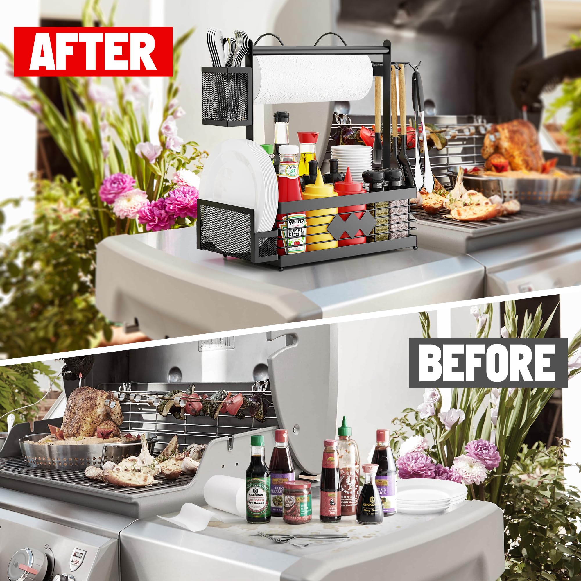 Aofmee Grill Caddy showing storage capacity for grilling tools and plates