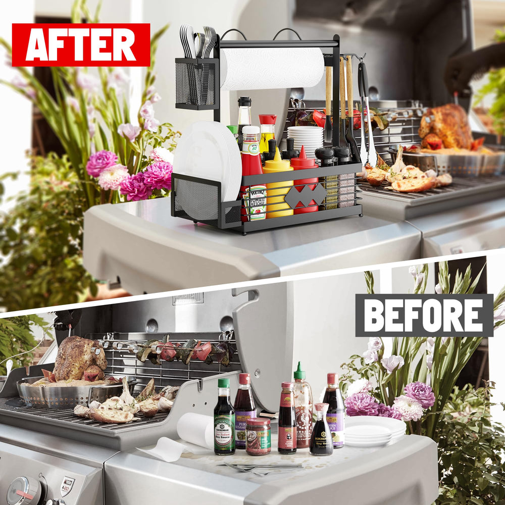Aofmee Grill Caddy showing storage capacity for grilling tools and plates
