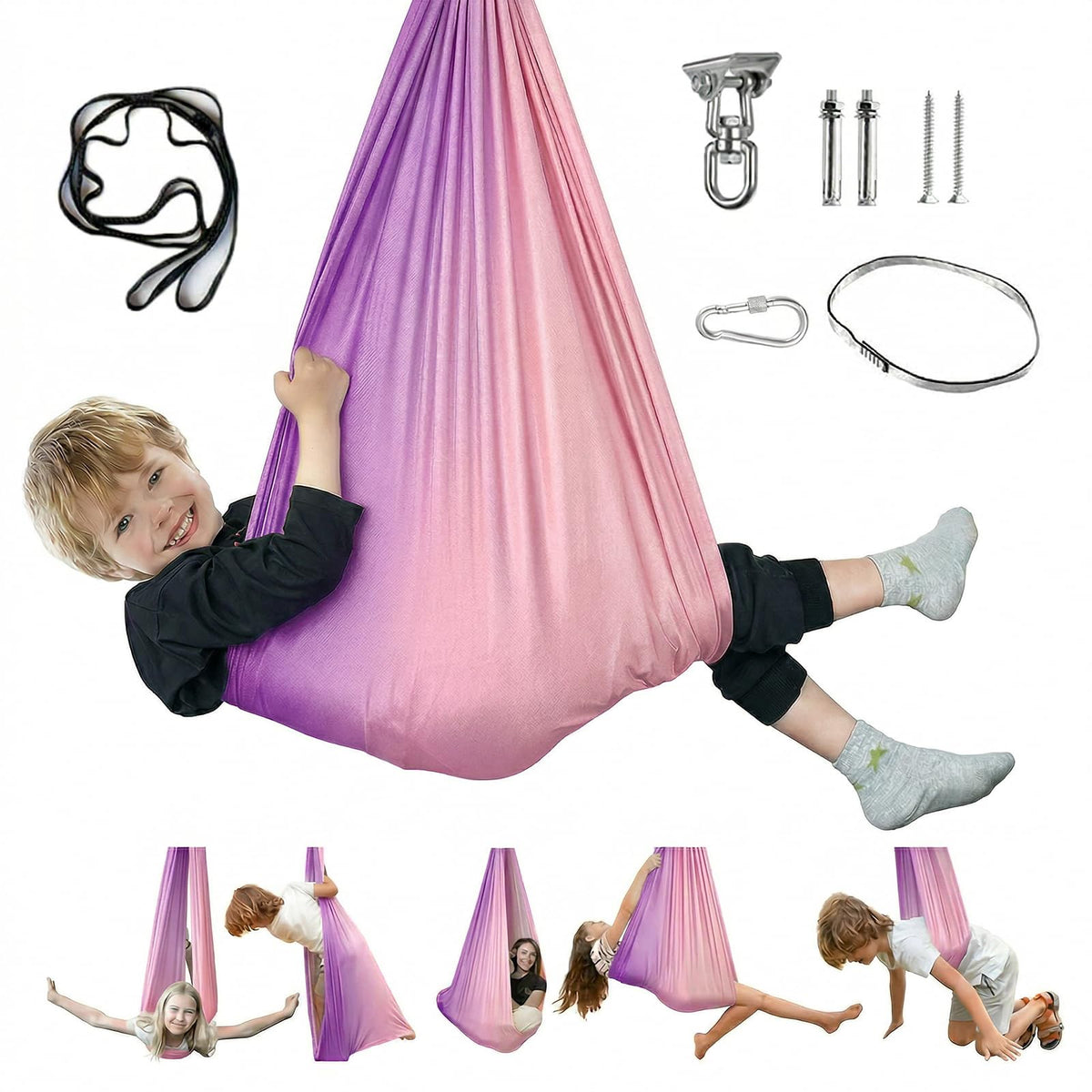 Aokitec Sensory Swing Hammock Chair in purple and pink, front view
