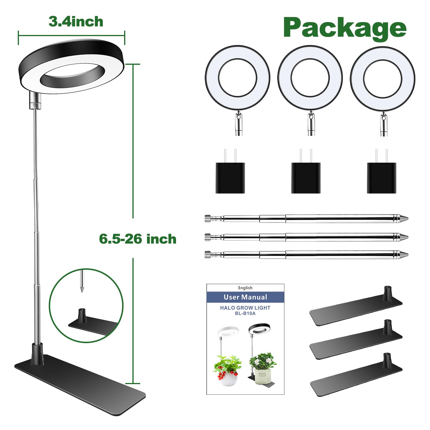 Aokrean Halo Grow Light packaging and components