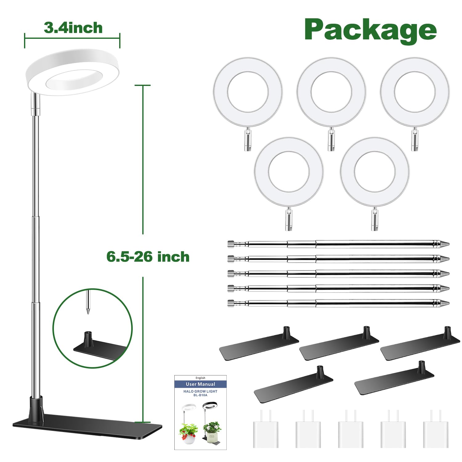 Aokrean Halo Grow Light packaging and components laid out