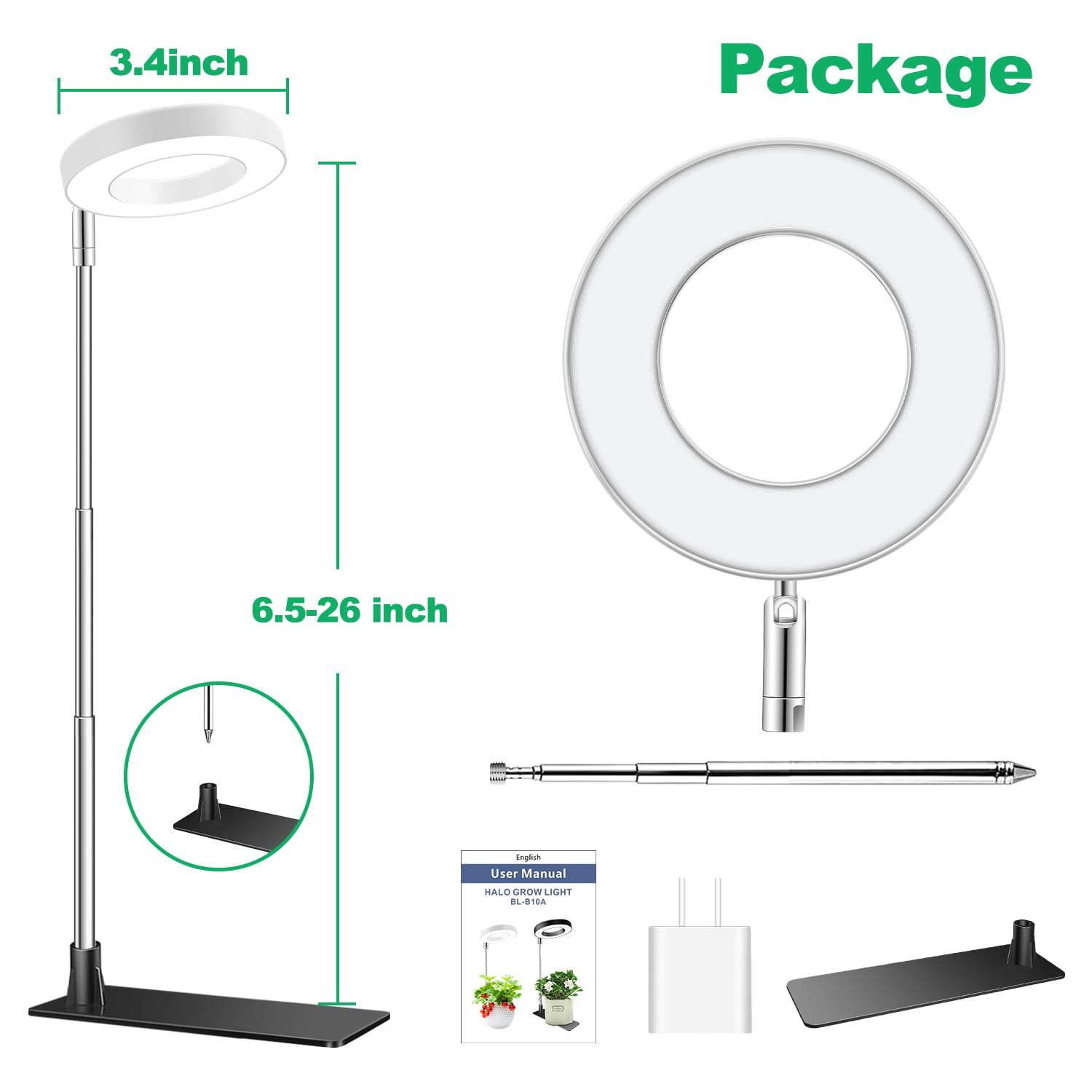 Aokrean Halo Grow Light user manual and components