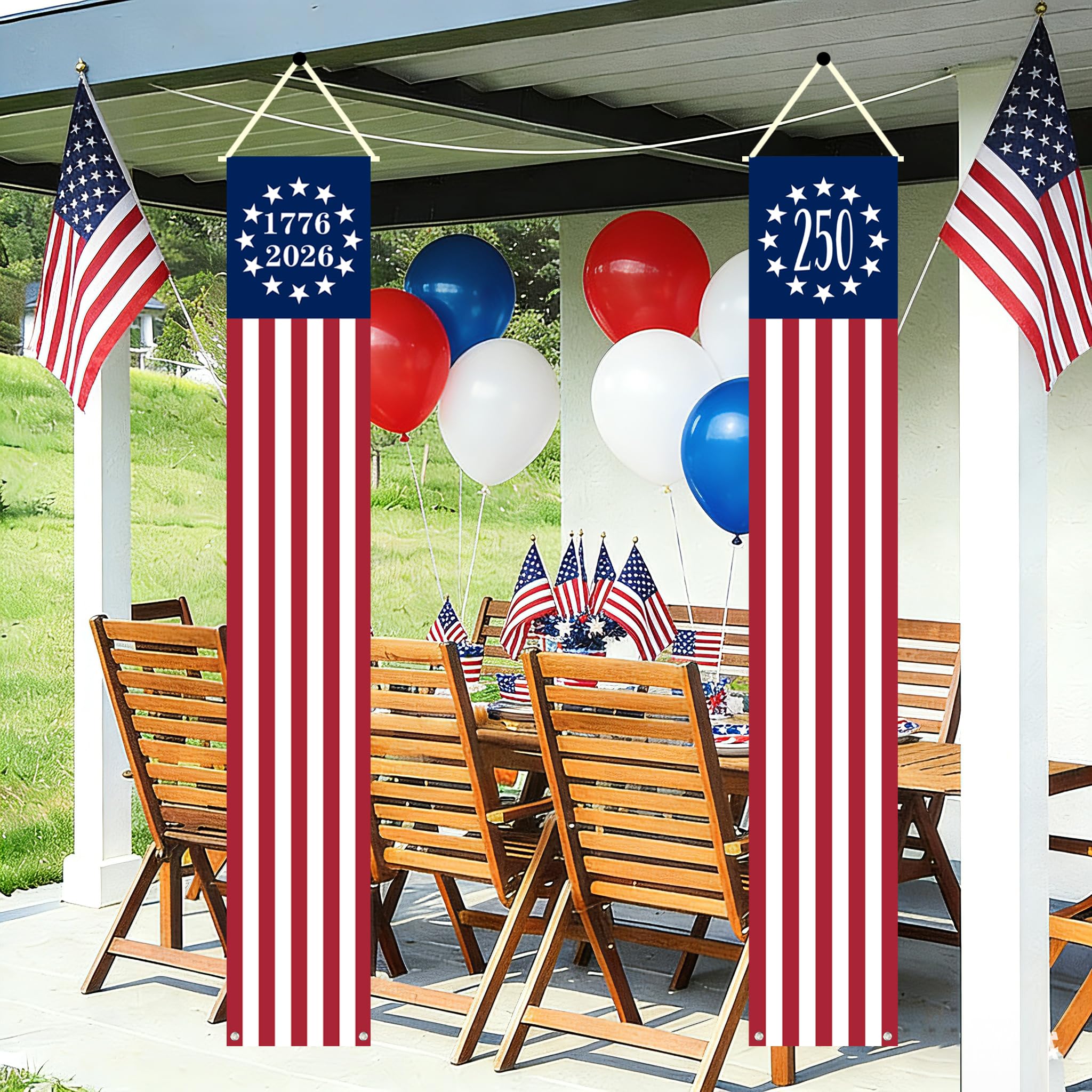 aolime 250th Anniversary American Flag Banner displayed on porch