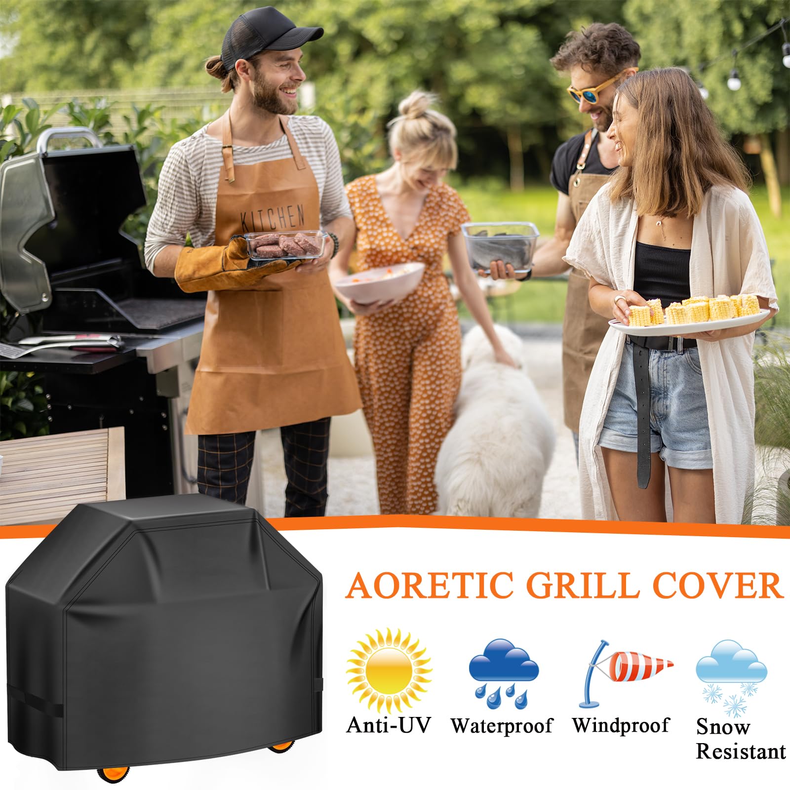 Aoretic grill cover dimensions displayed on packaging