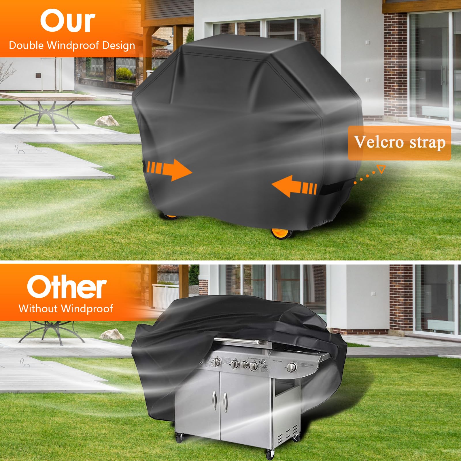 Aoretic grill cover in a snow-covered backyard