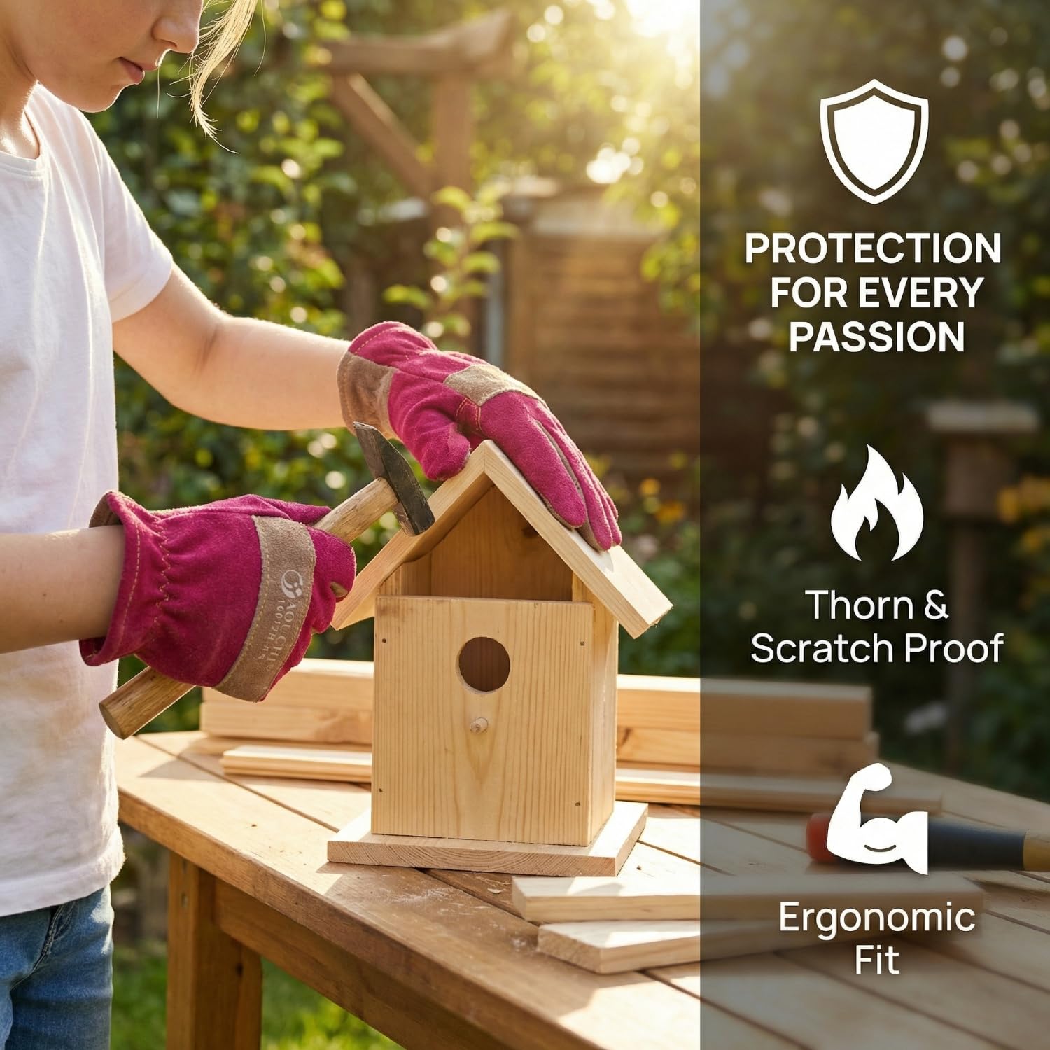AOUCHI Pink Leather Work Gloves on hands during gardening