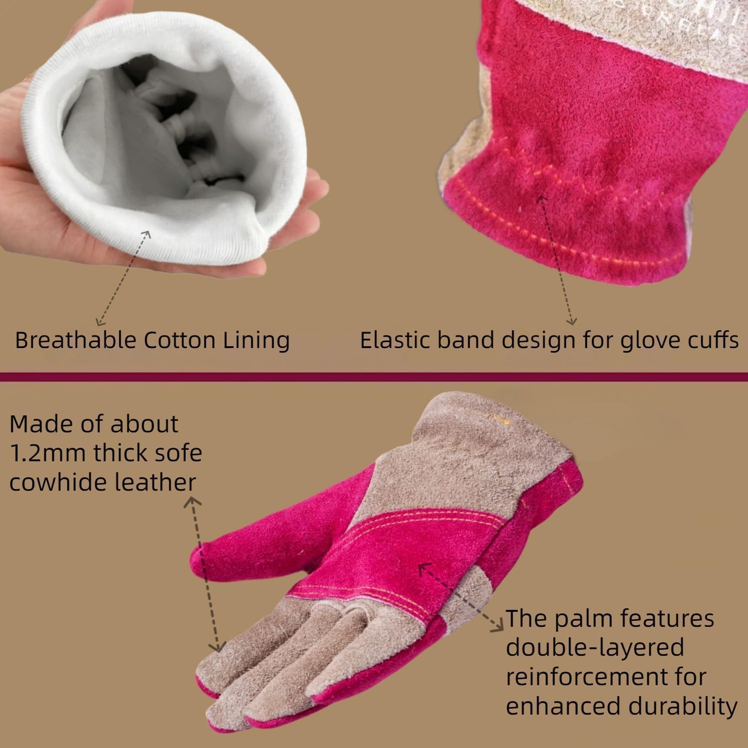 AOUCHI Pink Leather Work Gloves side view