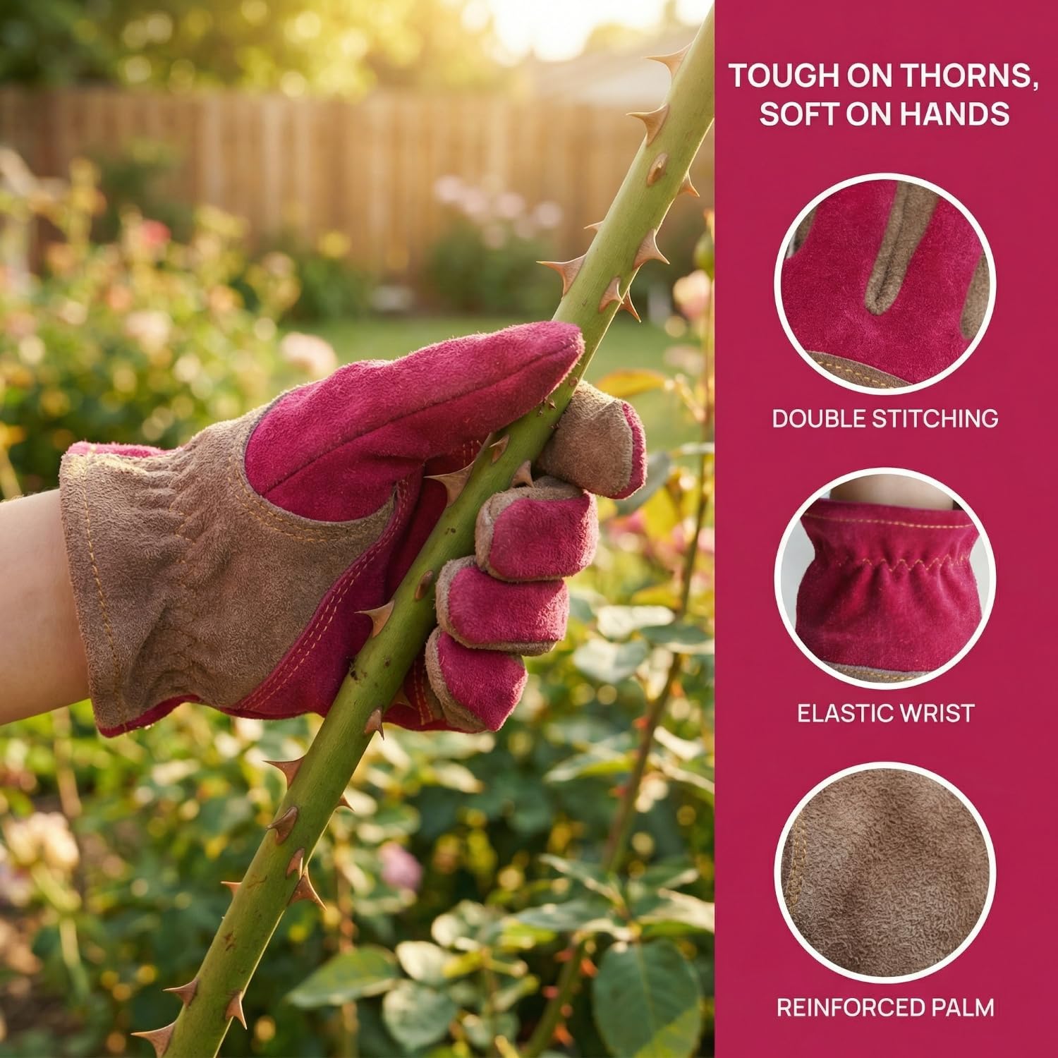 AOUCHI Pink Leather Work Gloves with cotton lining