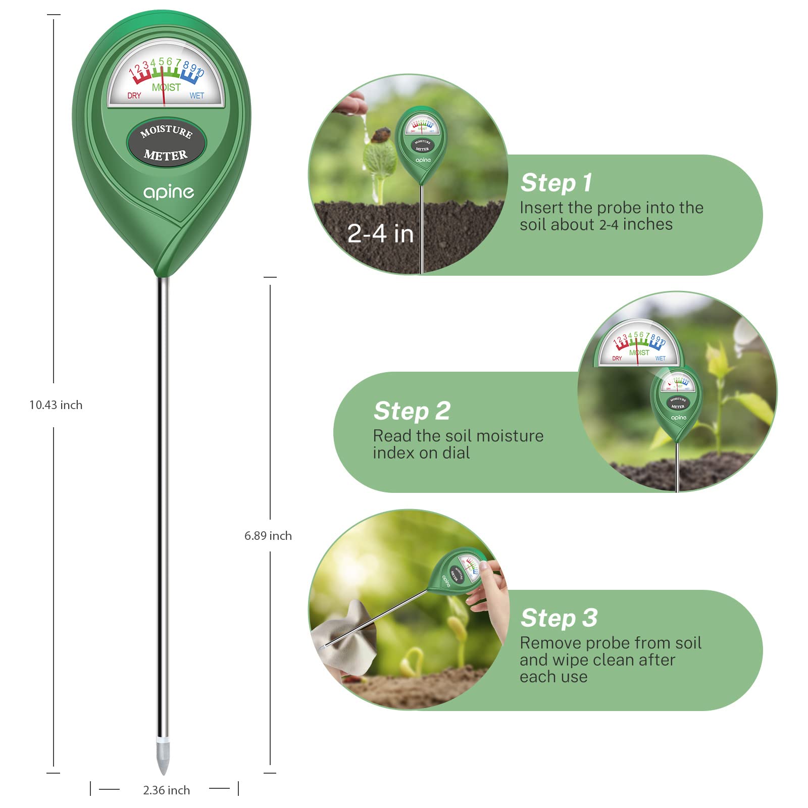 apine Soil Moisture Meter probe close-up on soil
