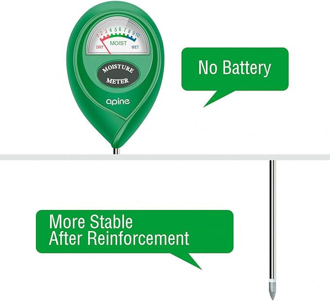 apine Soil Moisture Meter side view with stainless steel probe
