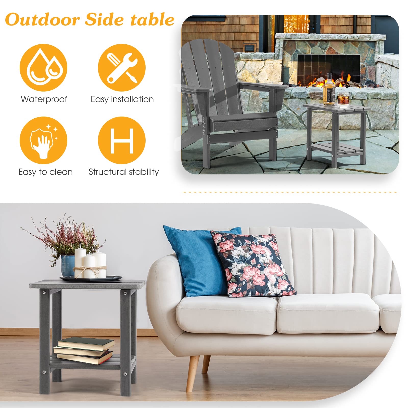 Apolimi light grey side table positioned beside an Adirondack chair