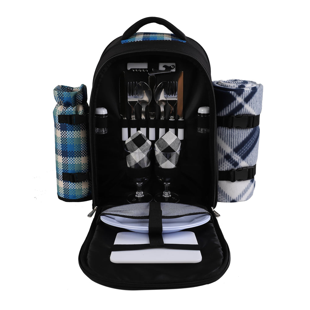 apollo walker Picnic Backpack for 2 in blue plaid with utensils