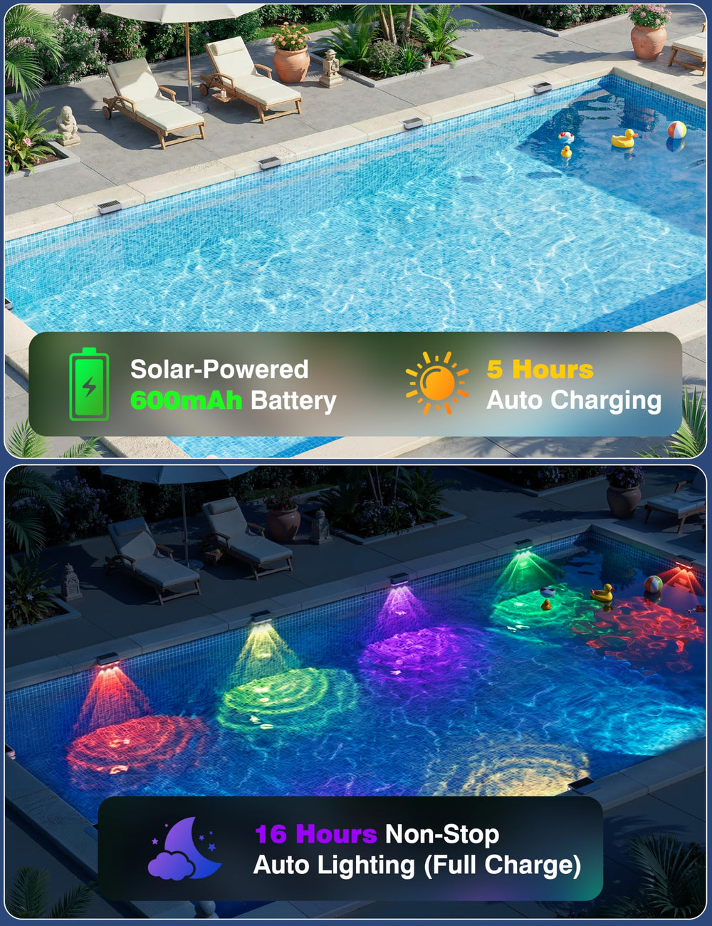 APONUO solar lights installed on pool walls
