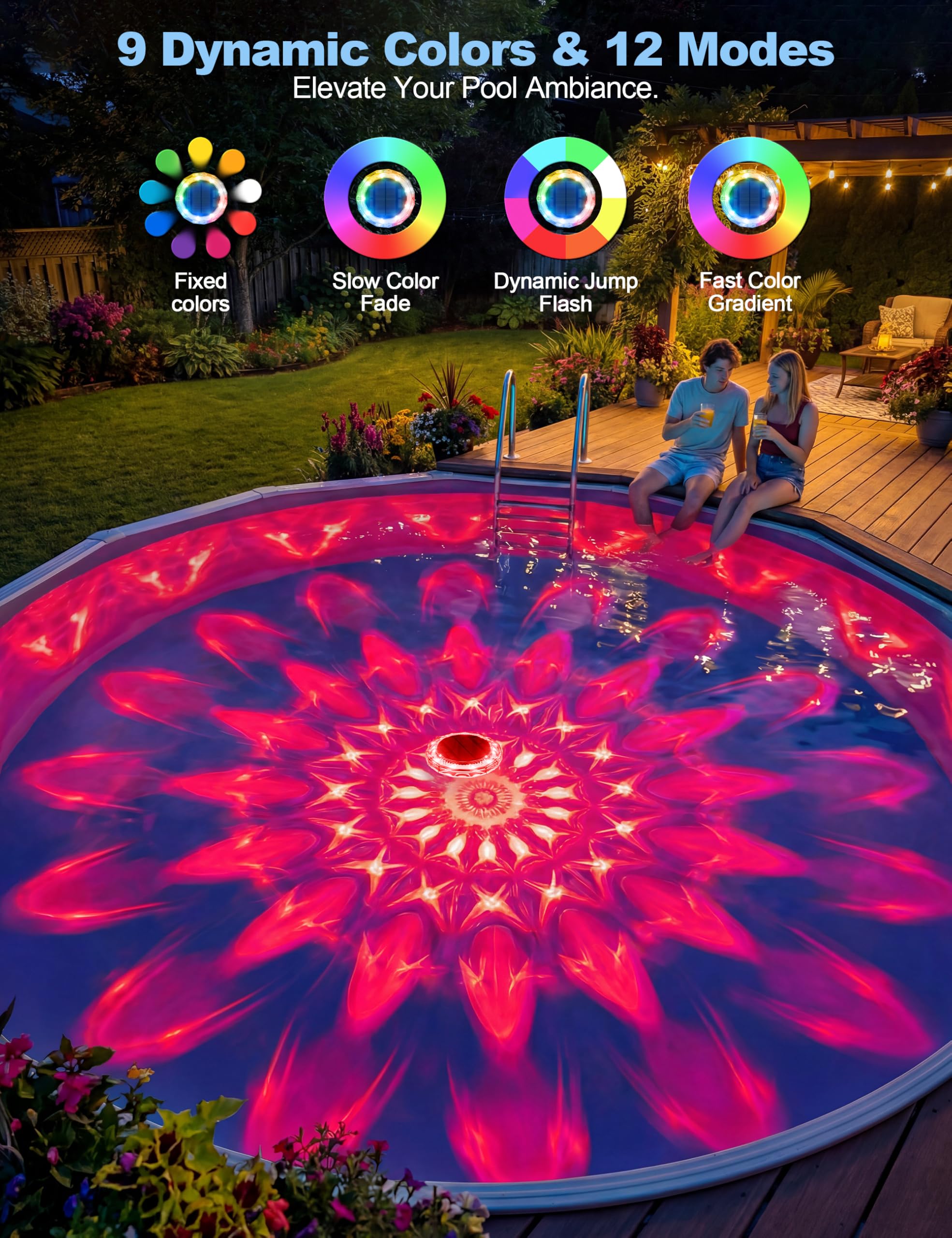 APONUO Solar Pool Lights showing dynamic color modes