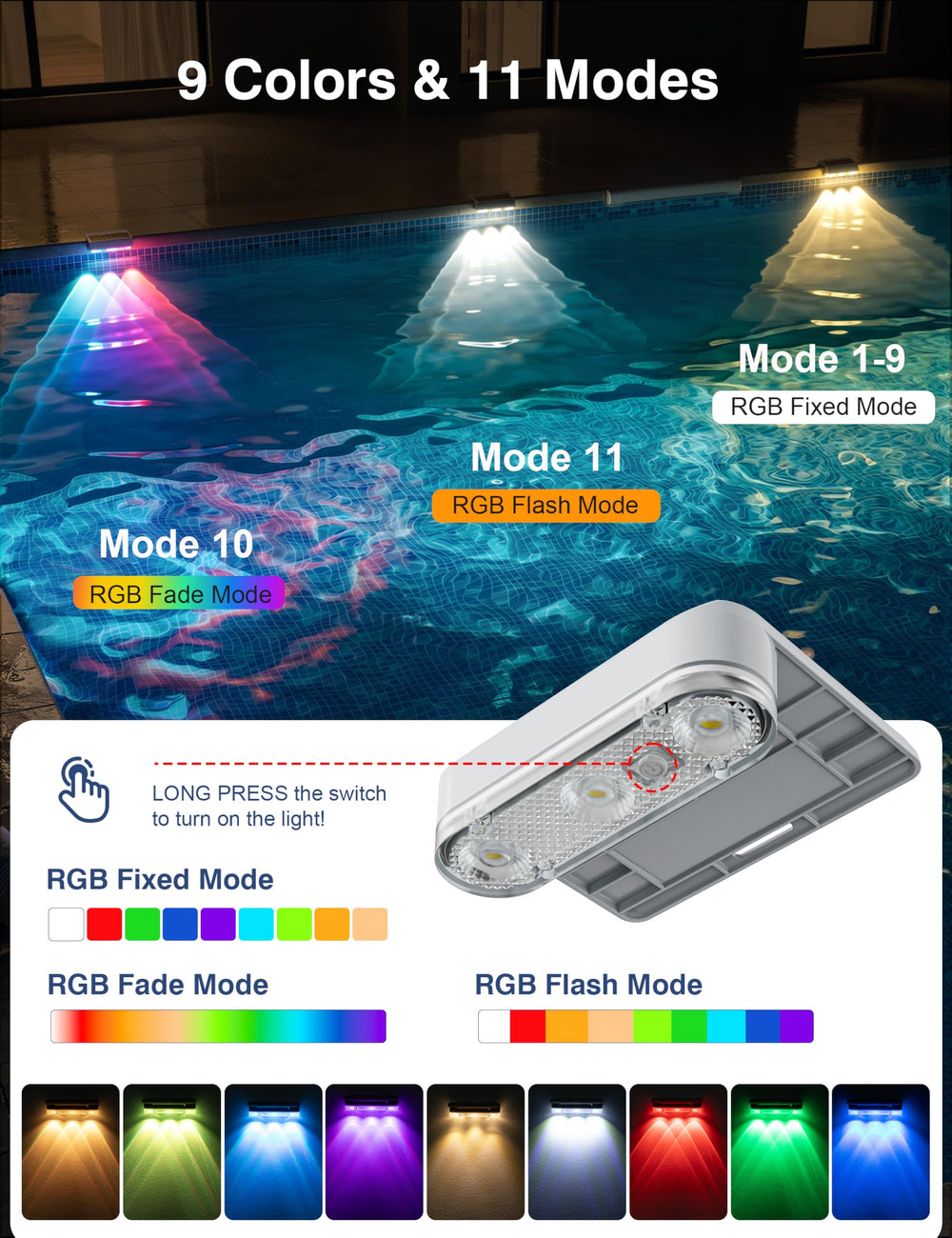 APONUO Solar Pool Lights showing dynamic color modes