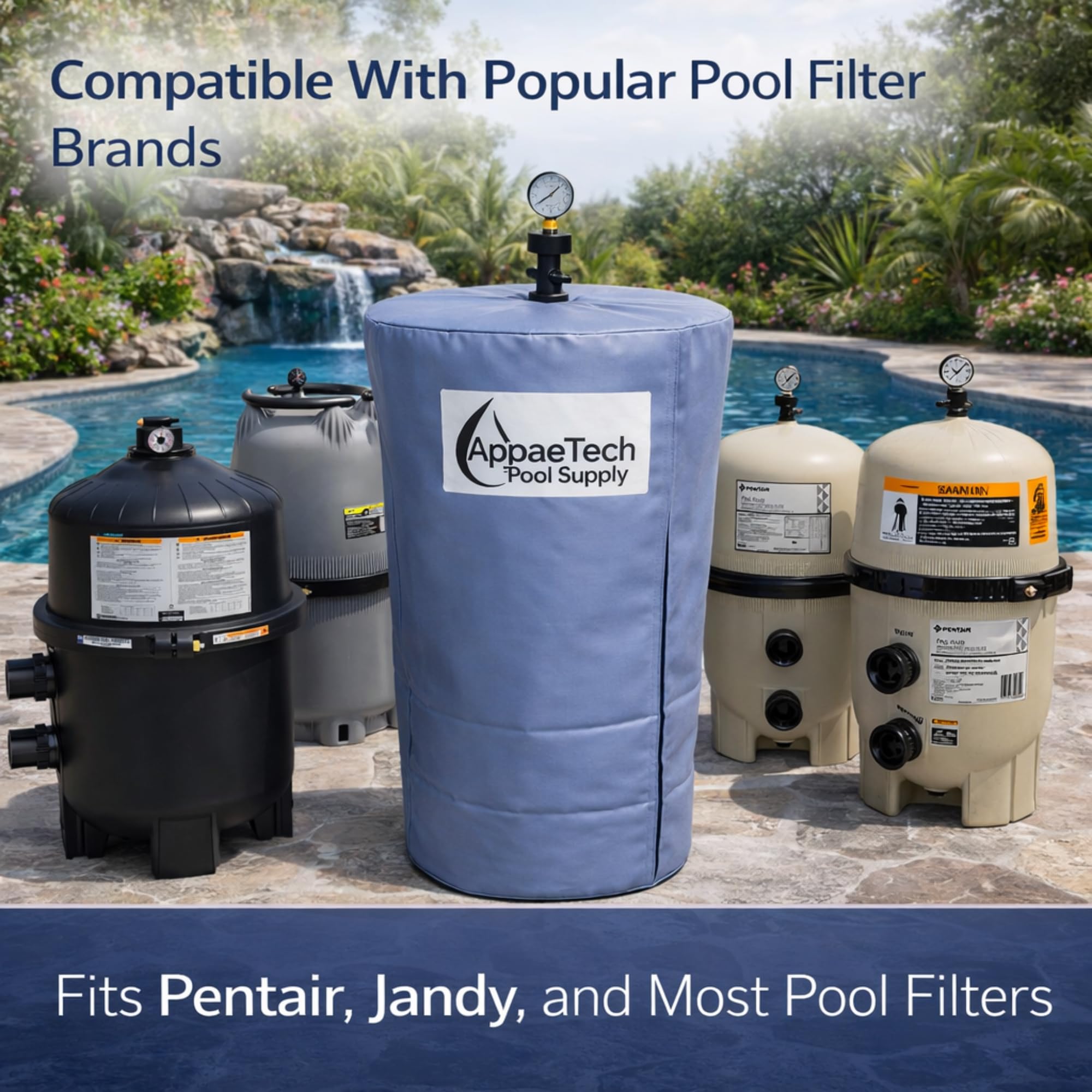 AppaeTech pool filter cover in a snowy outdoor setting