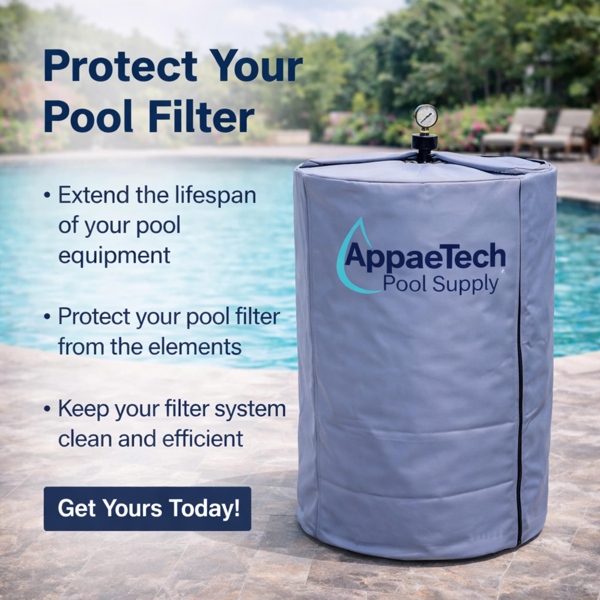 AppaeTech pool filter cover showcasing weatherproof fabric