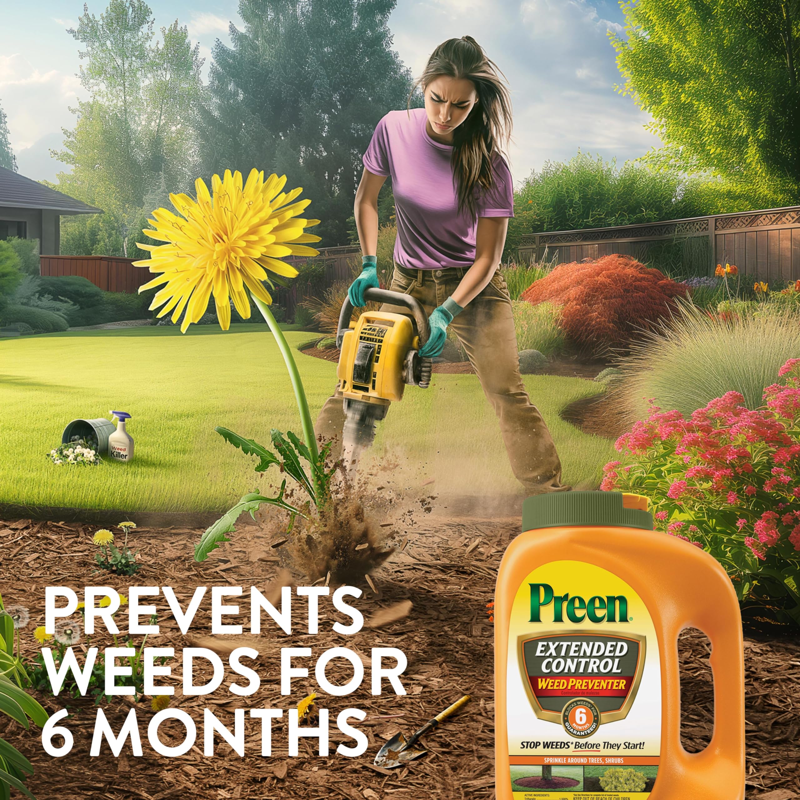 Application of Preen weed preventer in a garden setting