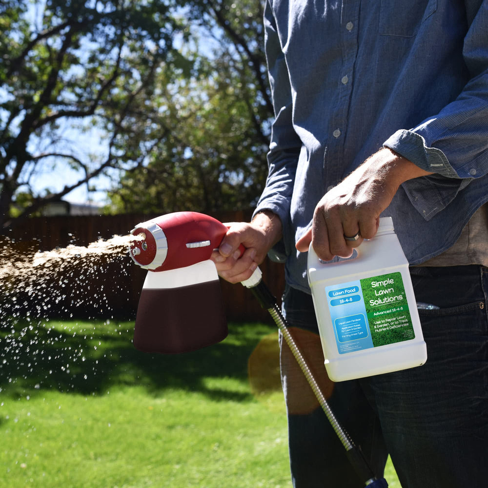 Application of Simple Lawn Solutions 16-4-8 Liquid Fertilizer on grass