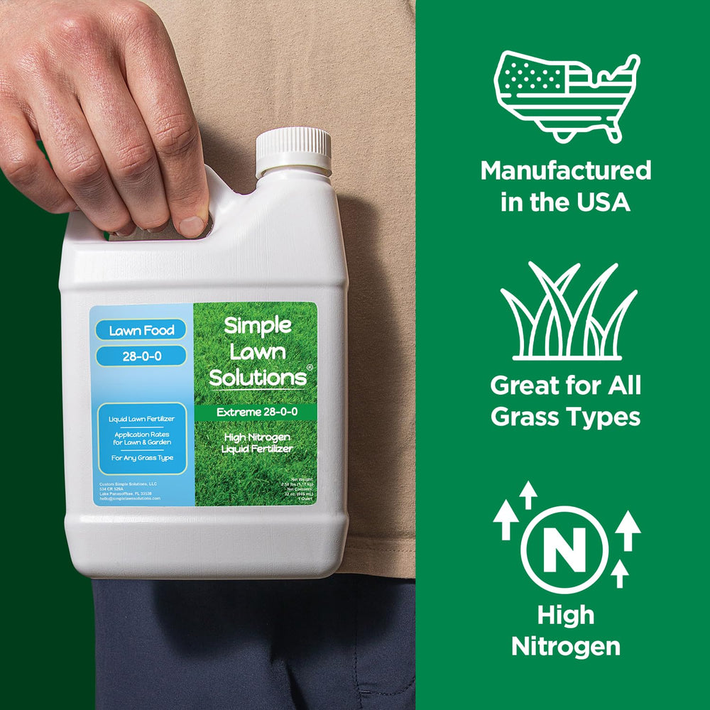 Application of Simple Lawn Solutions 28-0-0 Liquid Fertilizer on a green lawn
