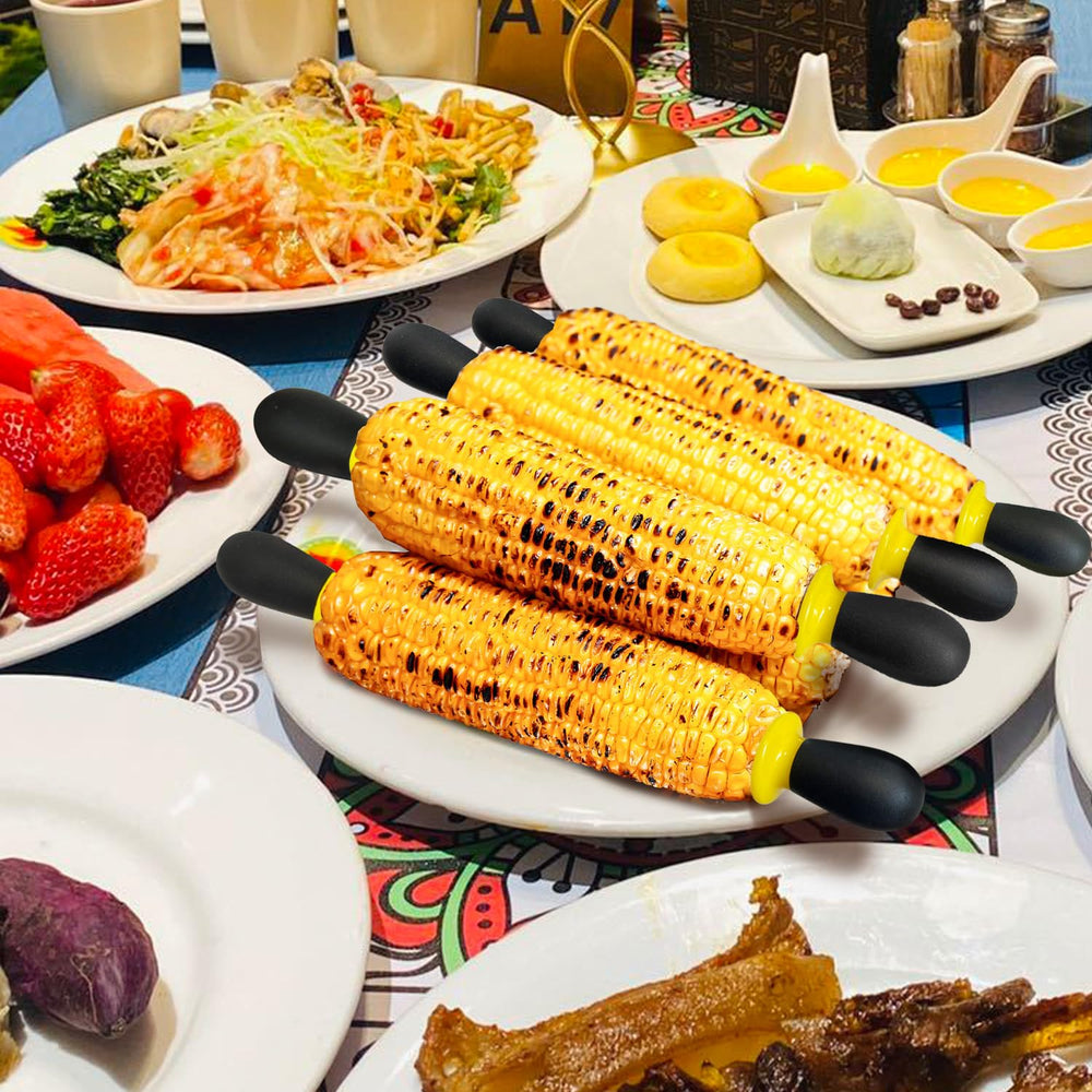 AQRINGO Corn Holders with various foods including corn, steak and fruit