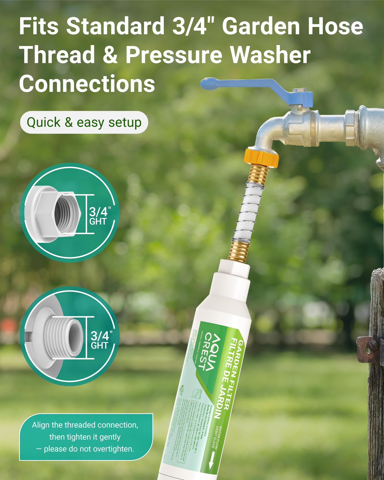 AQUA CREST Garden Hose Water Filter demonstrating installation