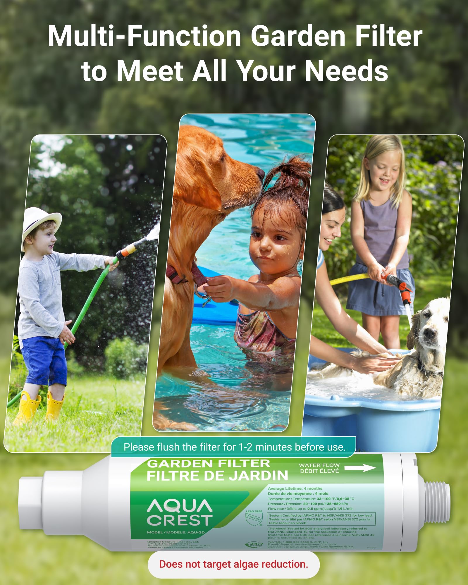 AQUA CREST Garden Hose Water Filter with plants in the background