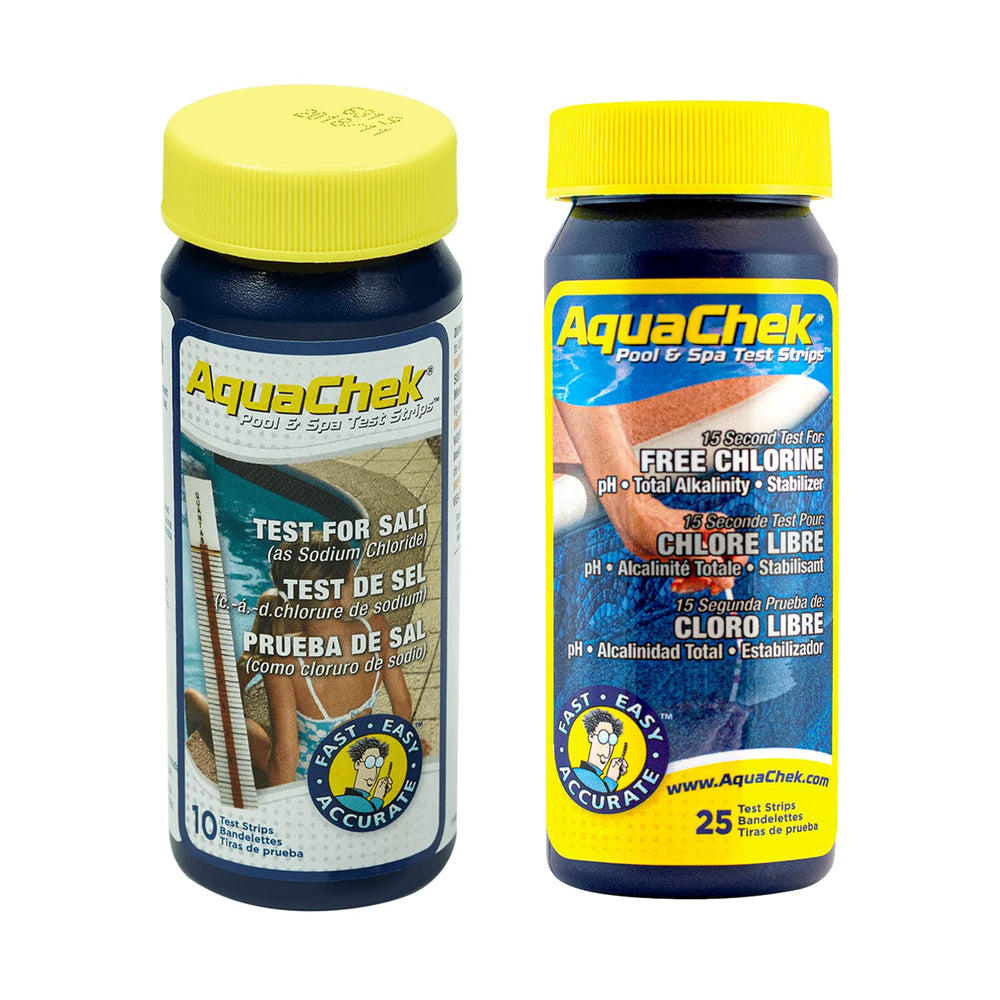 AquaChek Salt System Test Kit packaging front view with yellow and white test strips