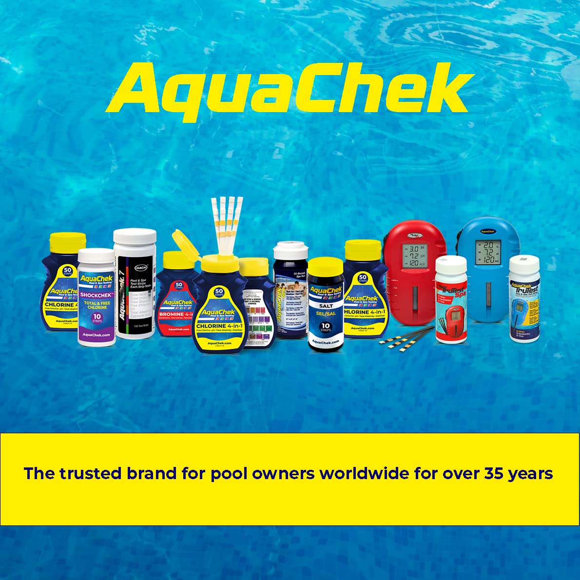 AquaChek test strips displayed with color comparison chart