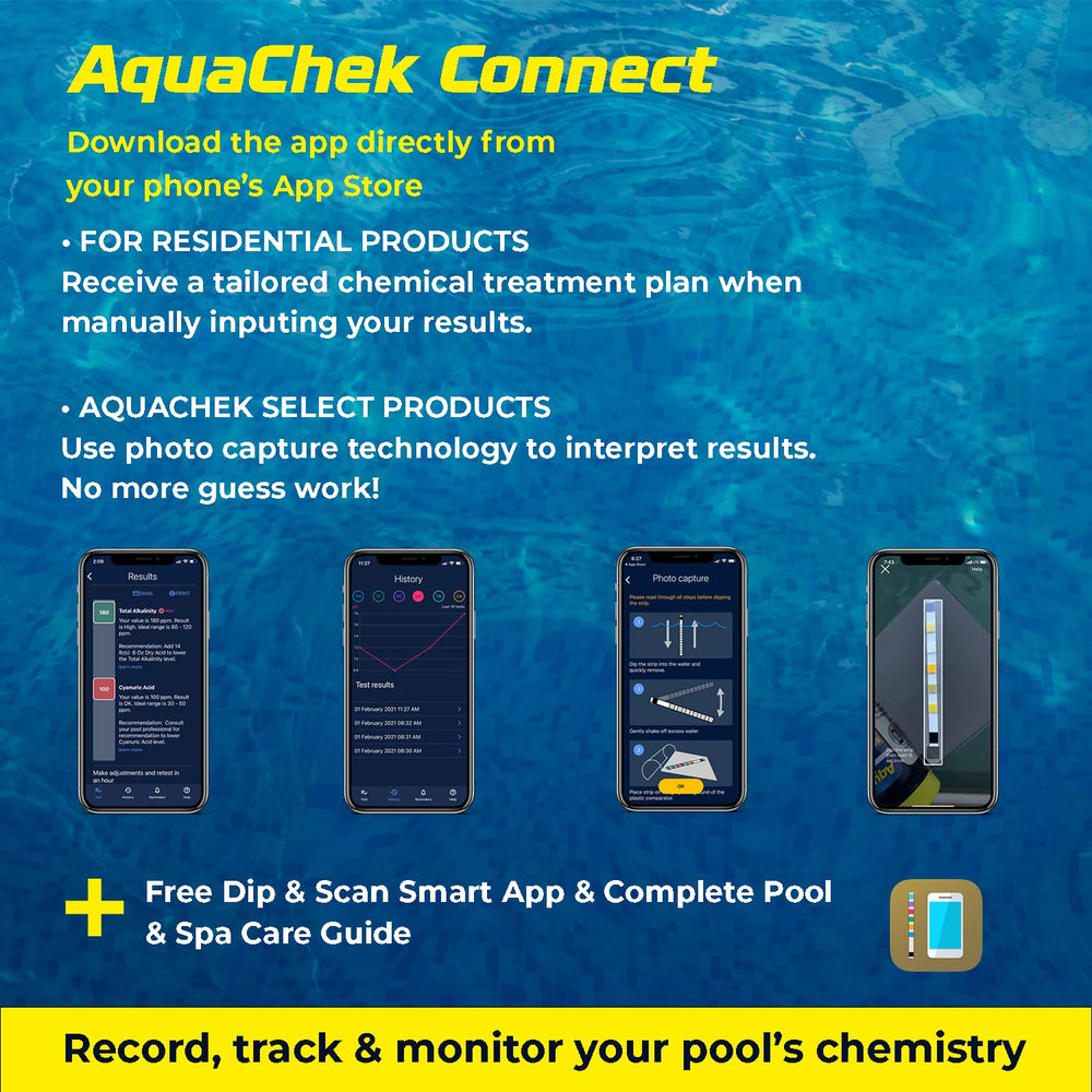 AquaChek Test Strips with mobile app interface on a phone